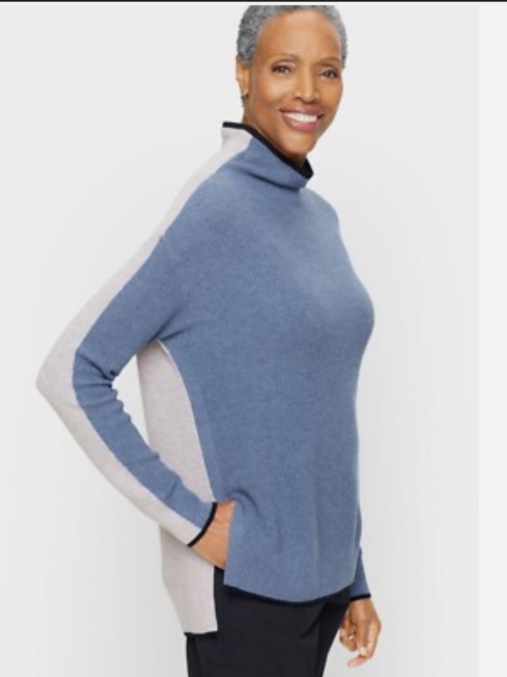 T by Talbots lounge yarn colorblock mock neck sweater blue gray ribbed